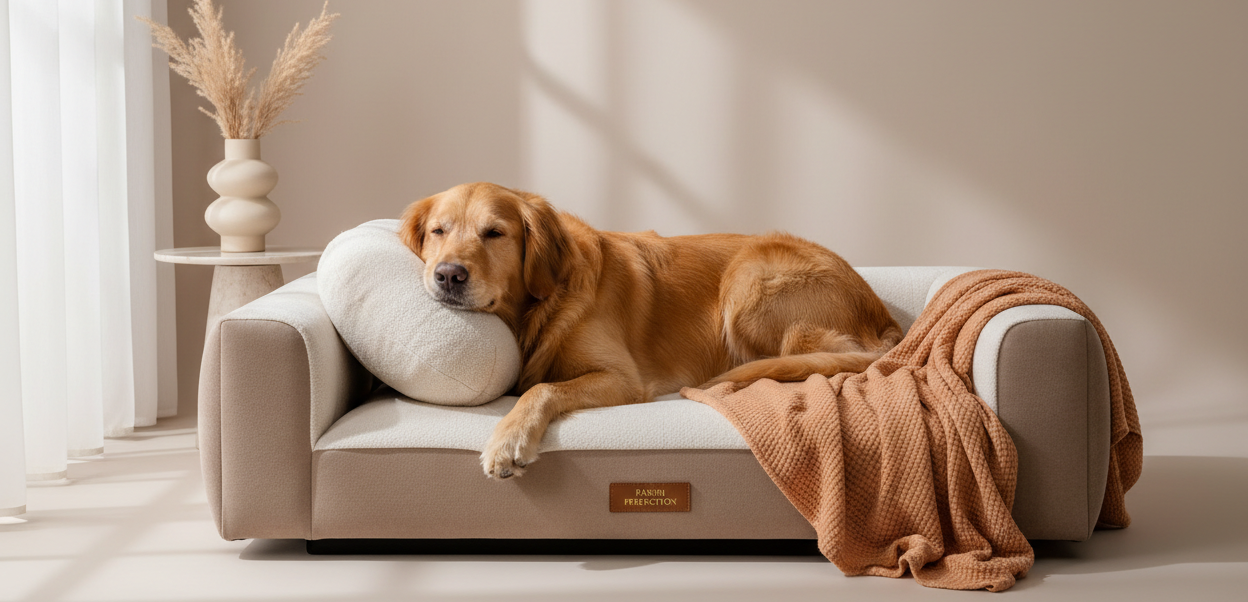Golden retriever on luxury pet bed
